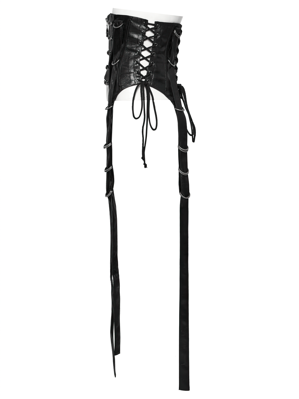 Gothic faux leather corset with adjustable straps, metal accents, and lace-up details for a punk fashion statement.