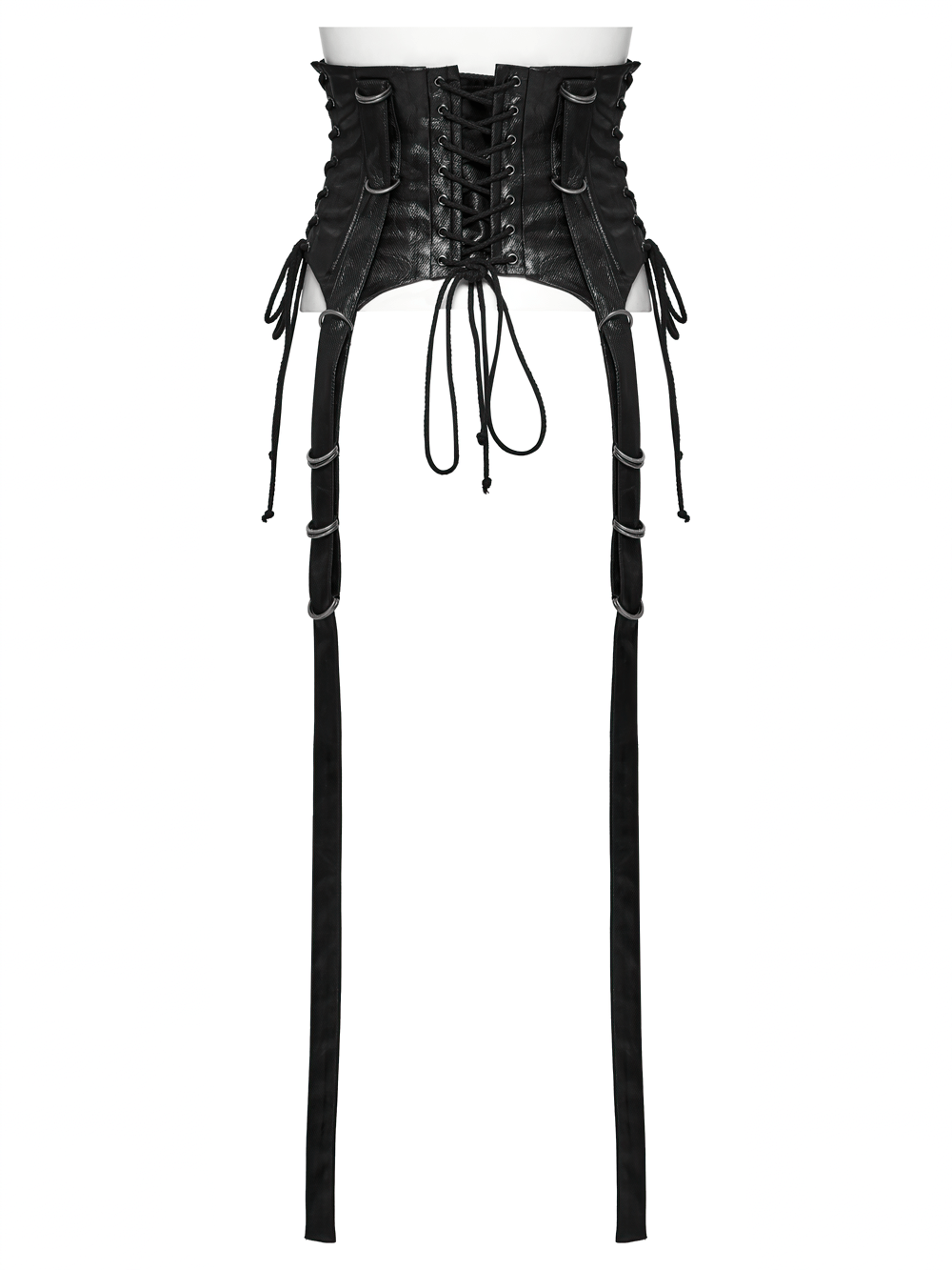 Gothic faux leather corset with adjustable straps, buckles, and metal accents for a punk fashion statement.