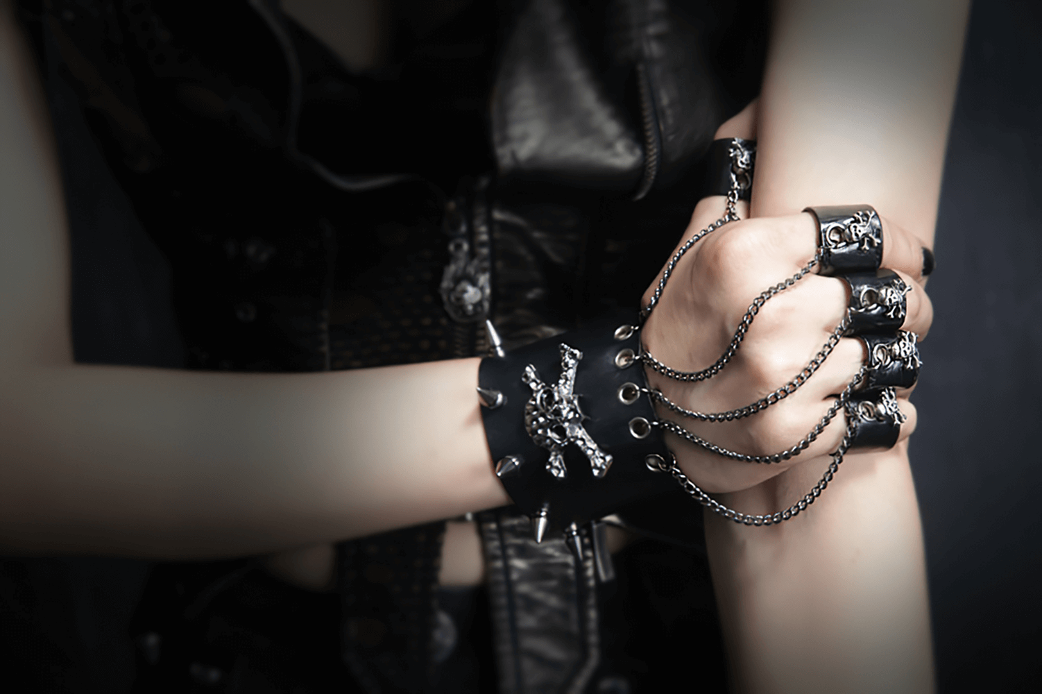 Gothic Faux Leather Glove Bracelet with Skull and Chains