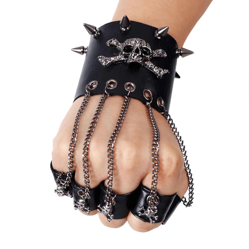 Gothic spiked faux leather glove bracelet featuring skull and chains for an edgy, rebellious look.