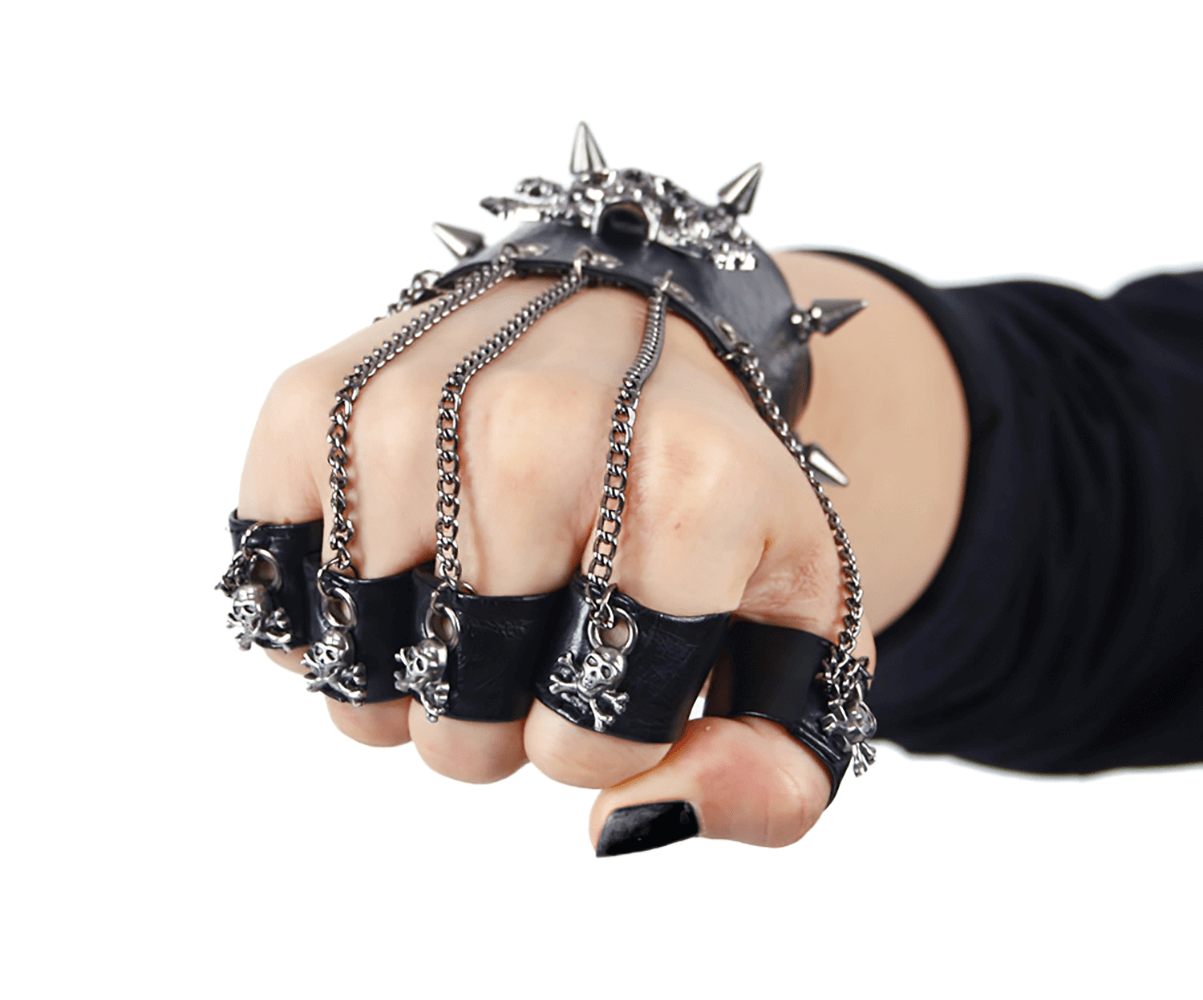 Edgy gothic faux leather glove bracelet with spikes, skulls, and chains for a bold, rebellious look.
