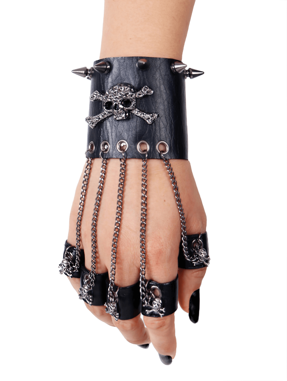 Gothic faux leather glove bracelet with skull, spikes, and chains for edgy fashion lovers.