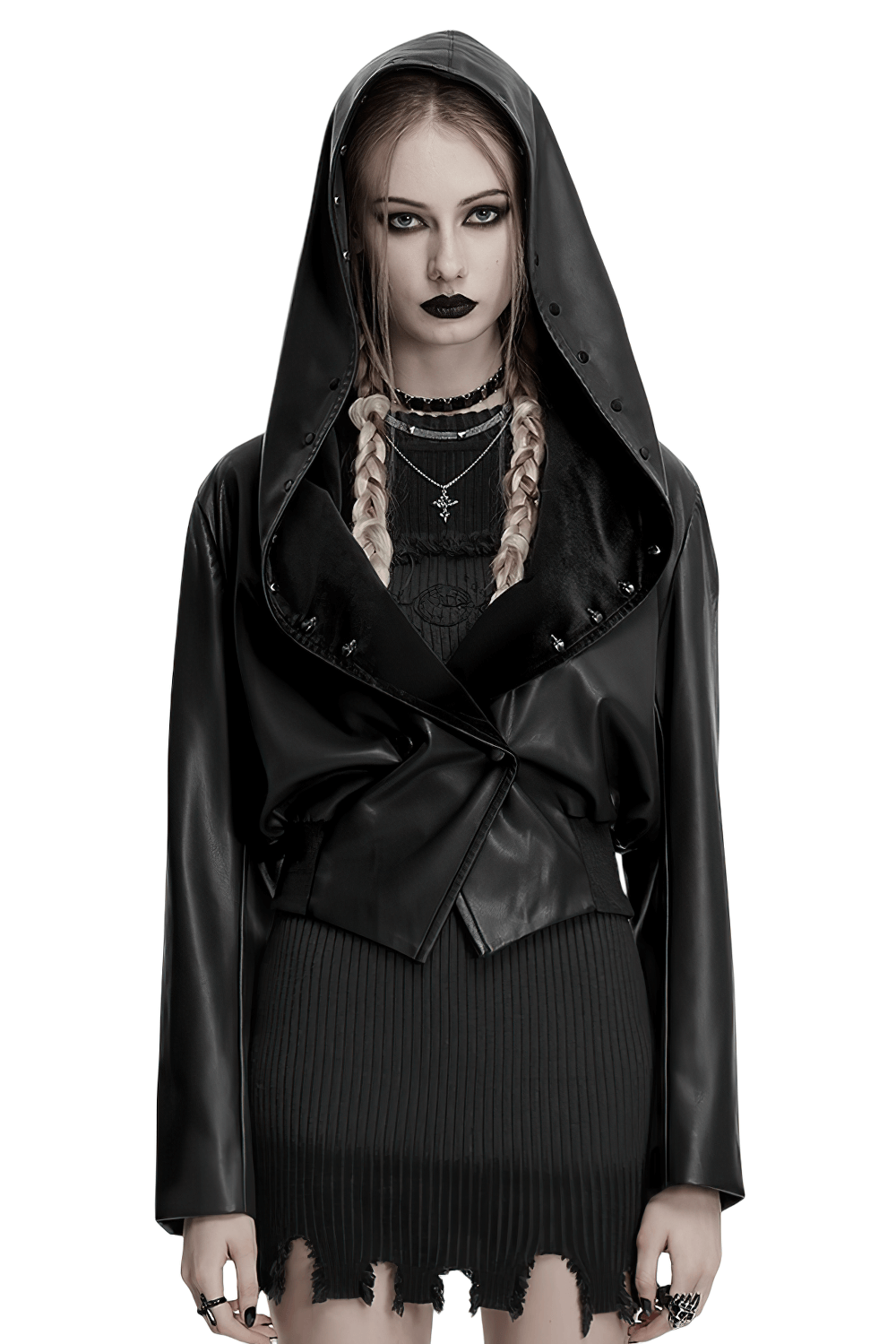 Gothic faux leather jacket with hood, cinched waist, and bold style, perfect for punk and dark alternative fashion looks.