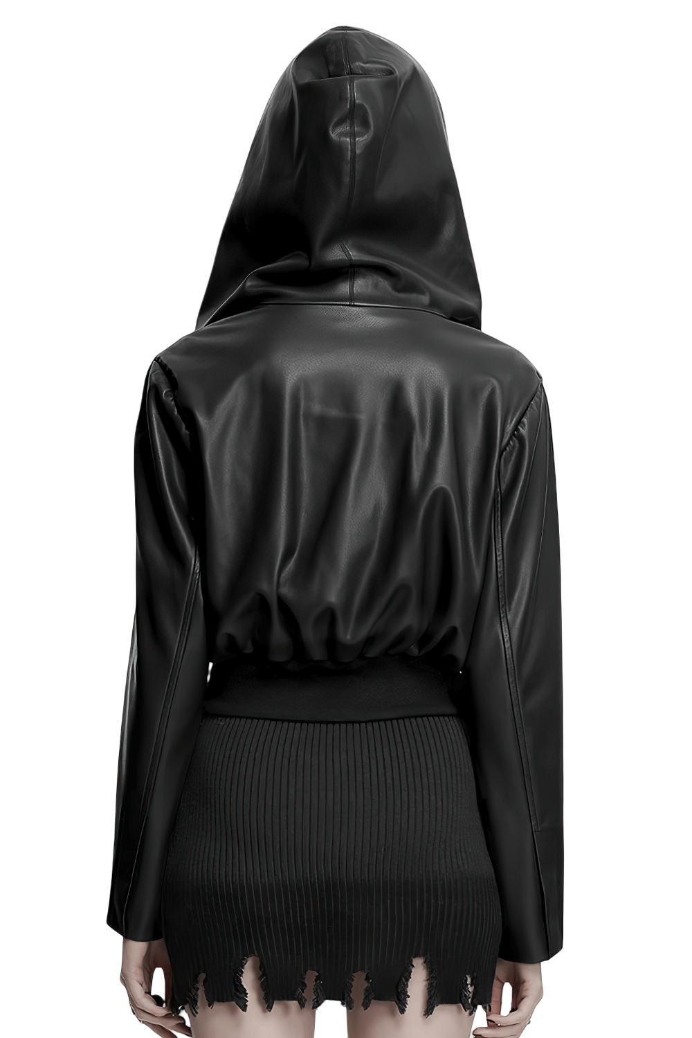 Back view of gothic faux leather jacket with oversized hood and cinched waist, showcasing a punk streetwear style.