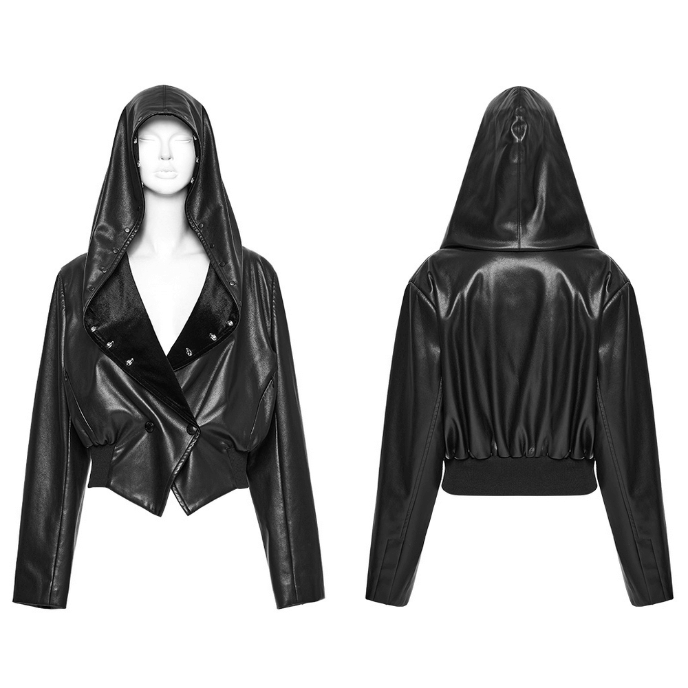 Gothic faux leather jacket with oversized hood and cinched waist for edgy punk fashion.