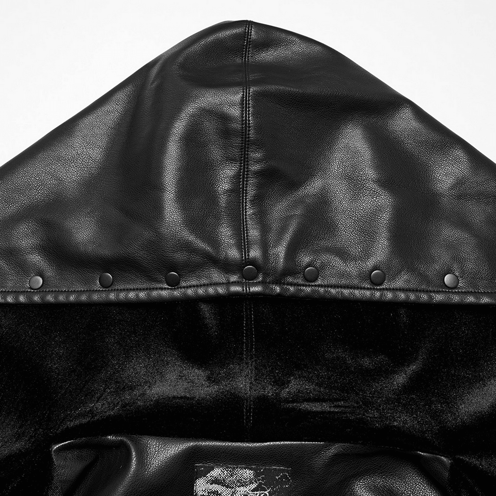 Close-up of the oversized hood inside the gothic faux leather jacket, featuring sleek texture and studded details.