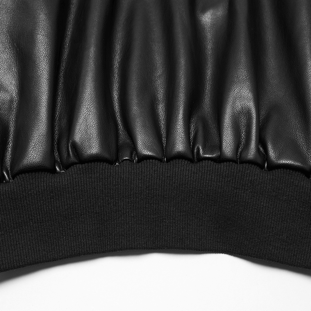 Close-up of the cinched waist detail on a Gothic faux leather jacket, showcasing sleek black faux leather texture.