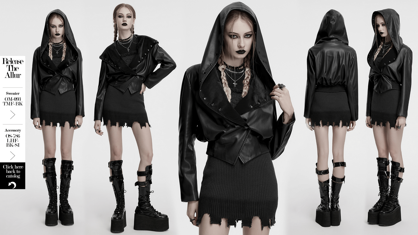 Gothic faux leather jacket with skull-studded brim, cinched waist, and oversized hood for edgy punk streetwear.