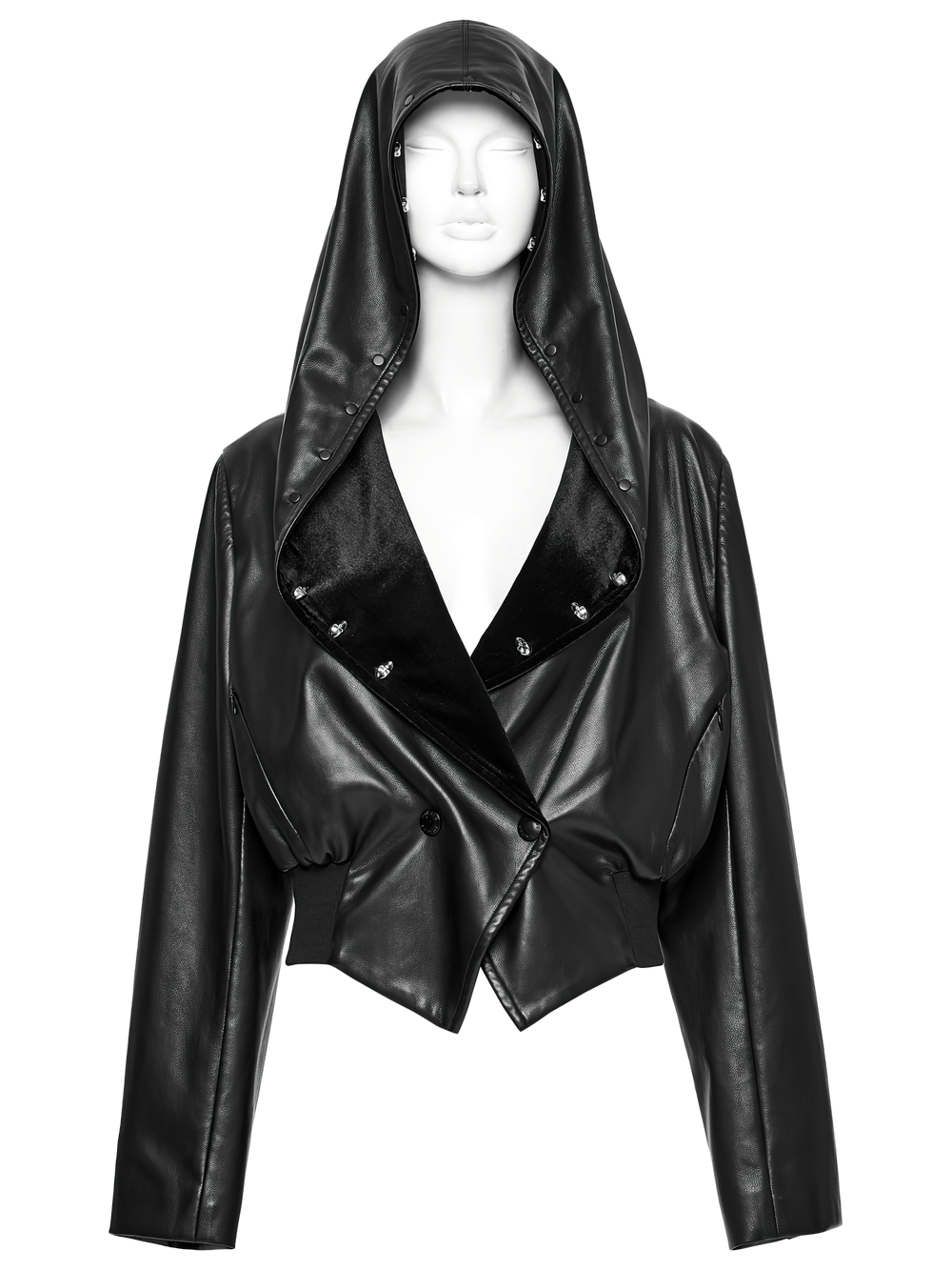 Gothic faux leather jacket with oversized hood and skull-studded brim, perfect for punk-inspired streetwear.