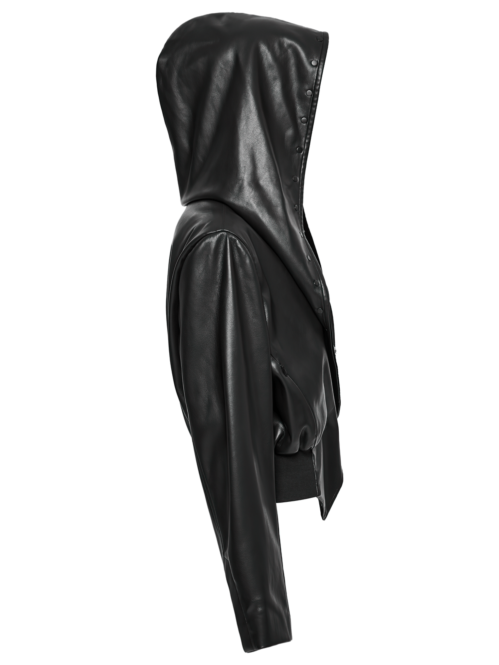 Side view of gothic faux leather jacket with oversized hood and cinched waist for punk style.