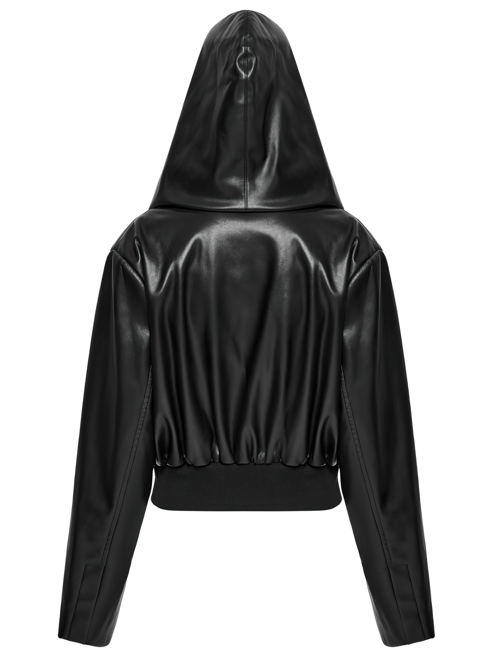 Back view of a cropped gothic faux leather jacket with a hood and cinched waist for punk aesthetics.