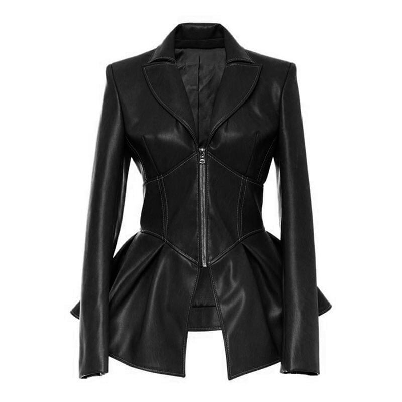 Stylish black women's faux leather motorcycle jacket with unique design and peplum style.