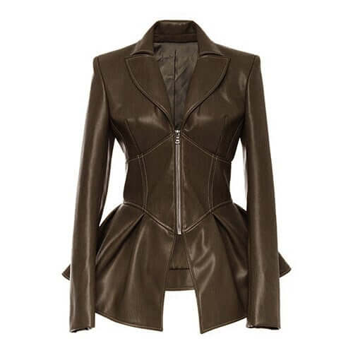 Stylish women's faux leather jacket with a unique peplum design, featuring a front zipper and tailored sleeves.