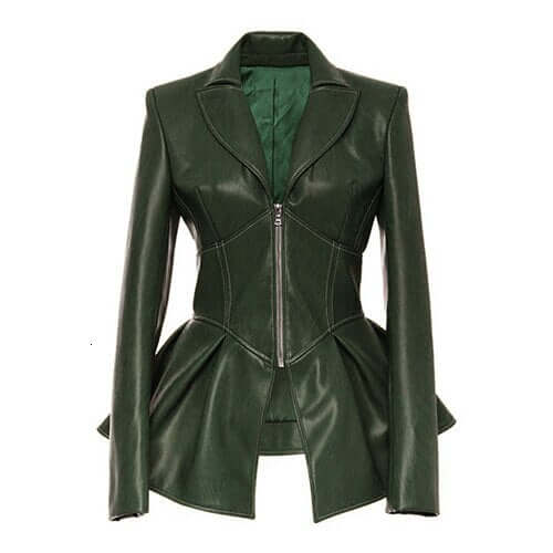 Stylish women's green faux leather jacket with unique peplum design and zipper detail, perfect for alternative fashion.