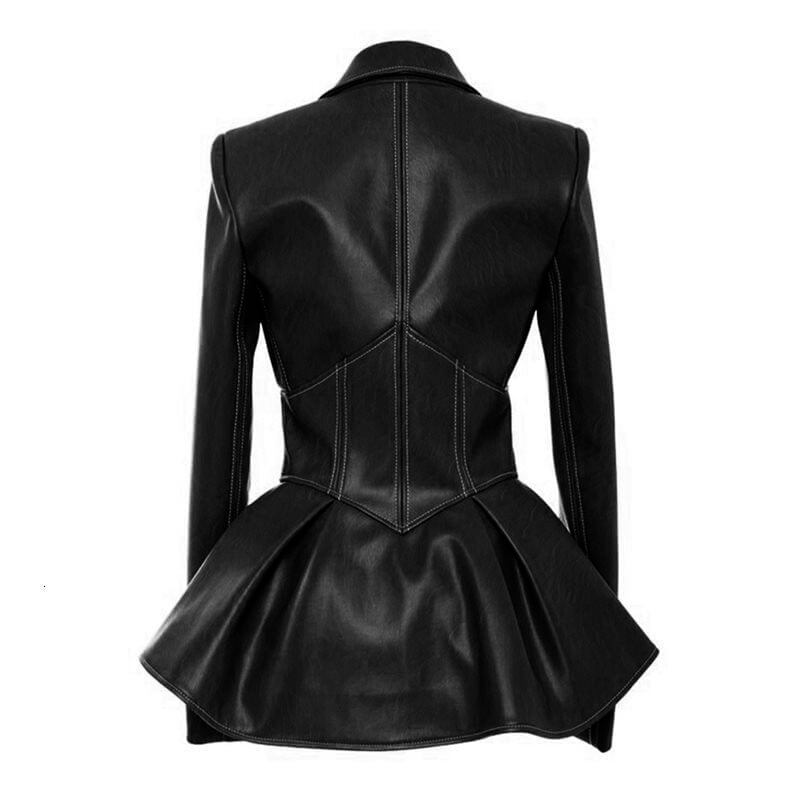 Back view of a black women's Gothic faux leather motorcycle jacket with unique peplum design.