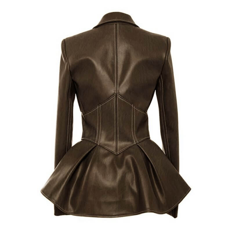 Back view of a Gothic faux leather jacket for women, featuring a peplum design and stylish stitching details.
