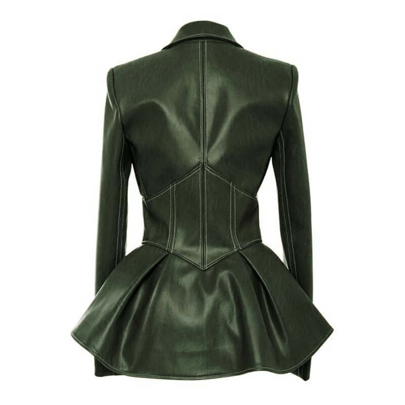 Back view of a stylish green faux leather peplum jacket for women with a unique design and tailored fit.
