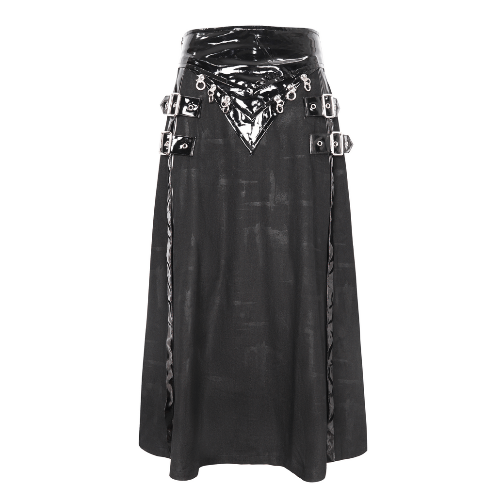 Gothic faux leather kilt skirt with chains and buckles, stylish and edgy design for modern wardrobes.