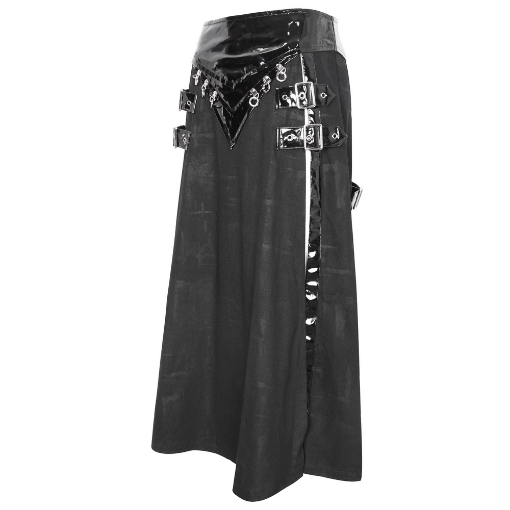 Gothic faux leather kilt skirt with chains and buckles, edgy fashion statement for modern rebels.