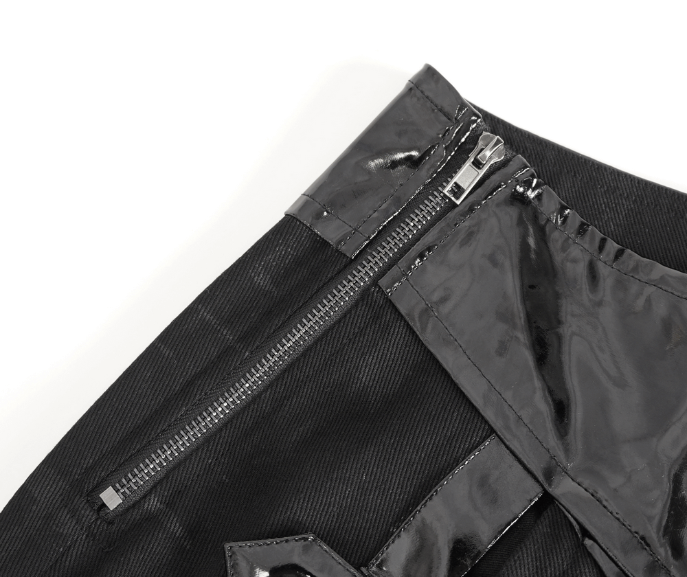 Close-up of the zipper detail on a Gothic Faux Leather Kilt Skirt, showcasing its unique design and quality craftsmanship.