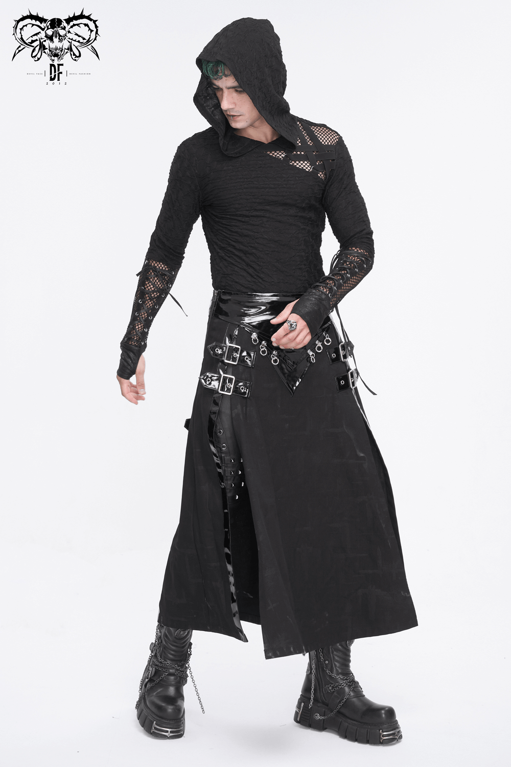 Men's gothic faux leather kilt skirt with chains, buckles, and layered black outfit for edgy fashion.