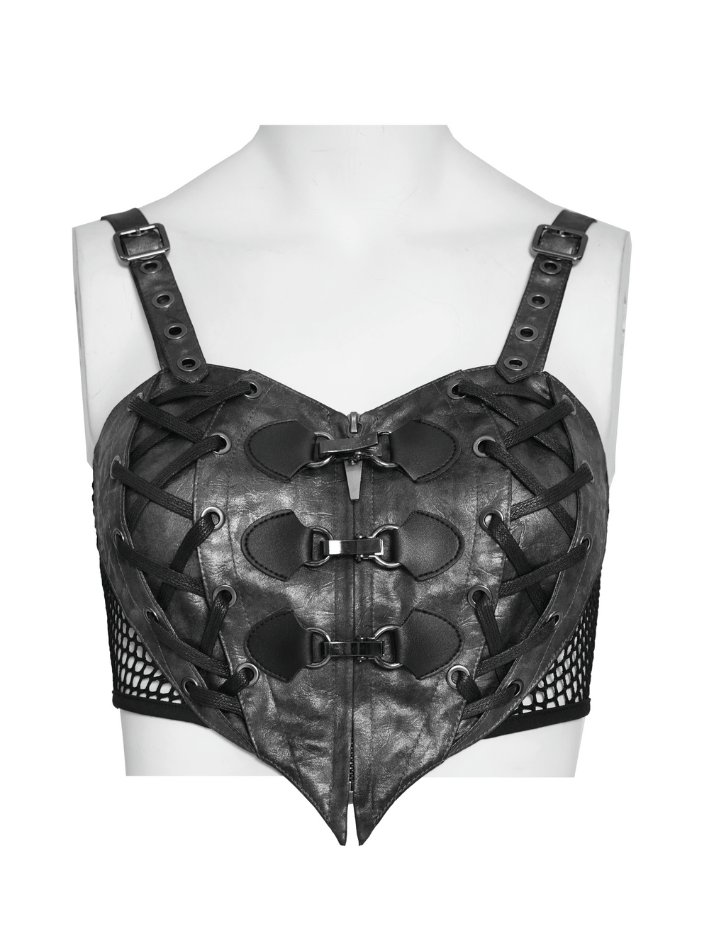 Gothic Faux Leather Lace Up Buckle Bralette Top with fishnet back panel and adjustable straps for a punk look.