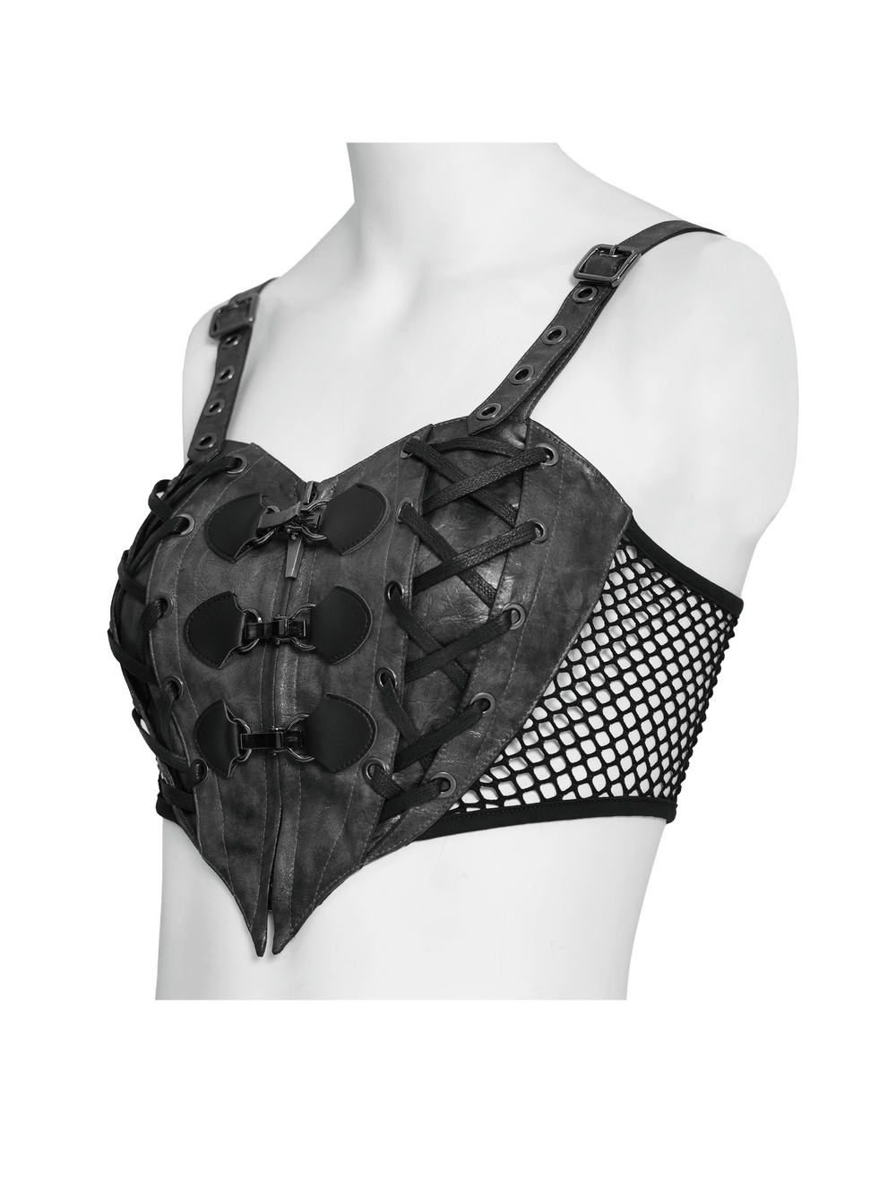 Gothic Faux Leather Lace Up Buckle Bralette Top with fishnet back panel and lace-up sides.