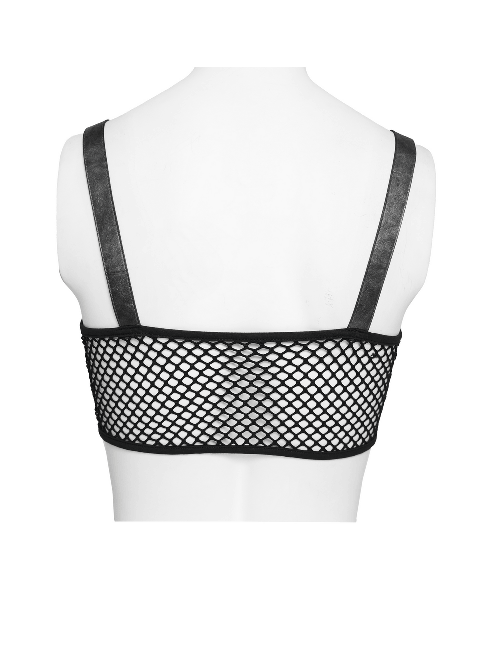 Back view of Gothic Faux Leather Lace Up Buckle Bralette Top featuring fishnet panel and adjustable straps.