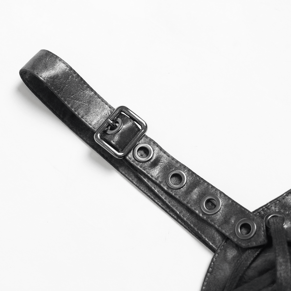 Gothic Faux Leather Lace Up Buckle Bralette Top strap detail with buckle and eyelets for adjustable fit.