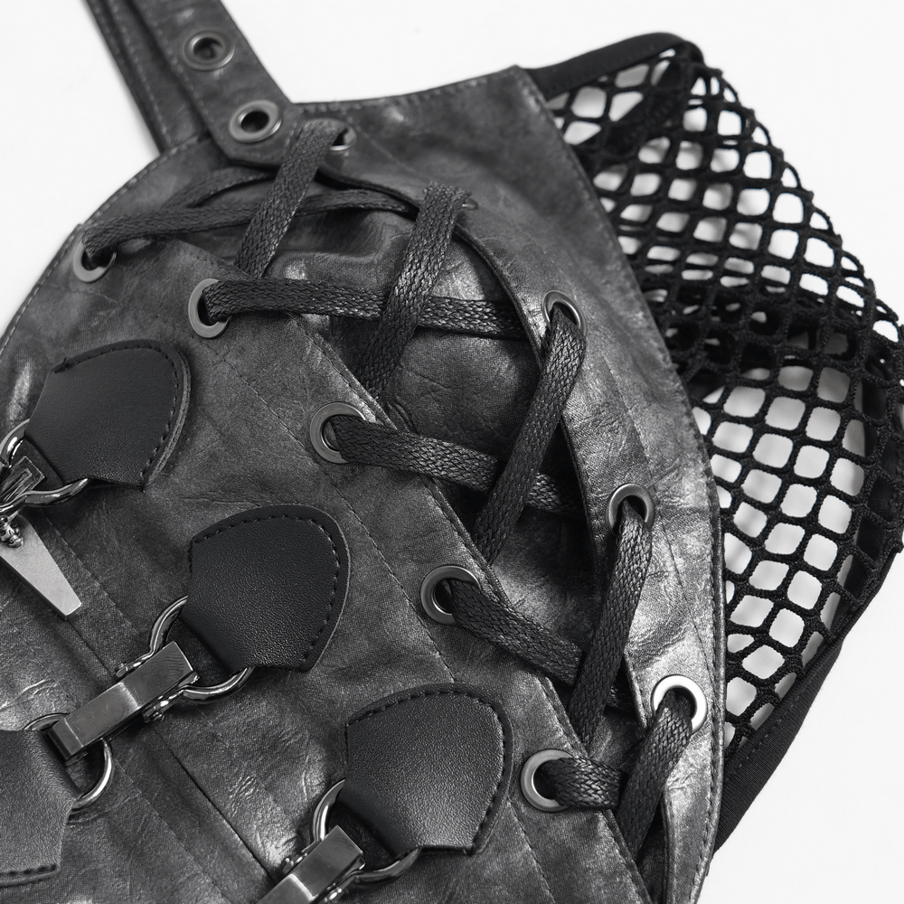 Gothic Faux Leather Lace Up Buckle Bralette Top with lace-up details and fishnet back panel.