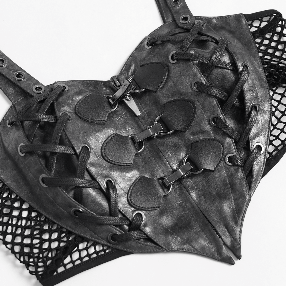 Gothic Faux Leather Lace Up Buckle Bralette Top with fishnet back panel and adjustable straps.