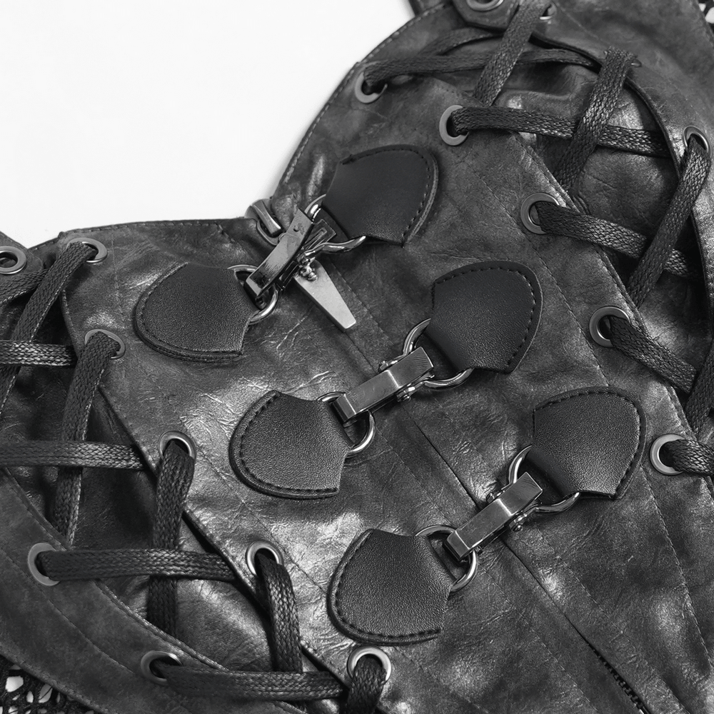 Gothic Faux Leather Lace Up Buckle Bralette Top featuring intricate lace-up design and bold metallic clasps.
