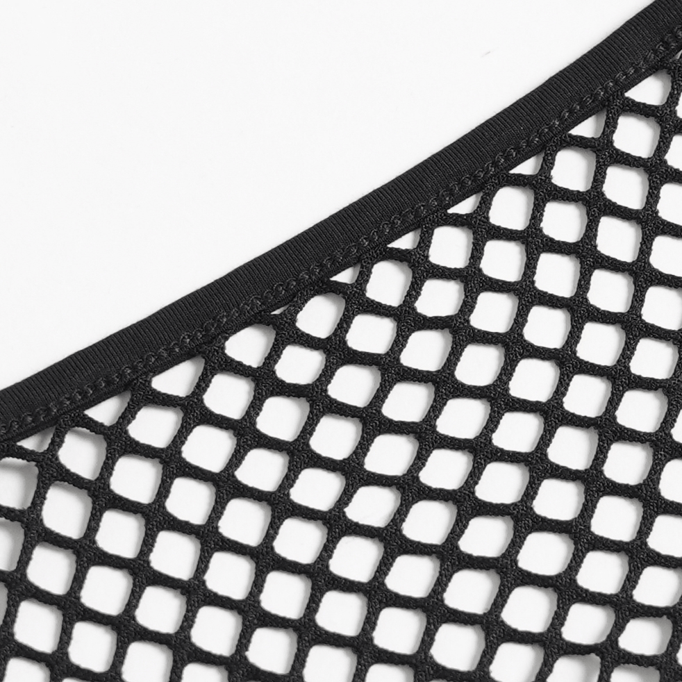 Gothic Faux Leather Lace Up Buckle Bralette Top with detailed fishnet back panel for a bold punk look.