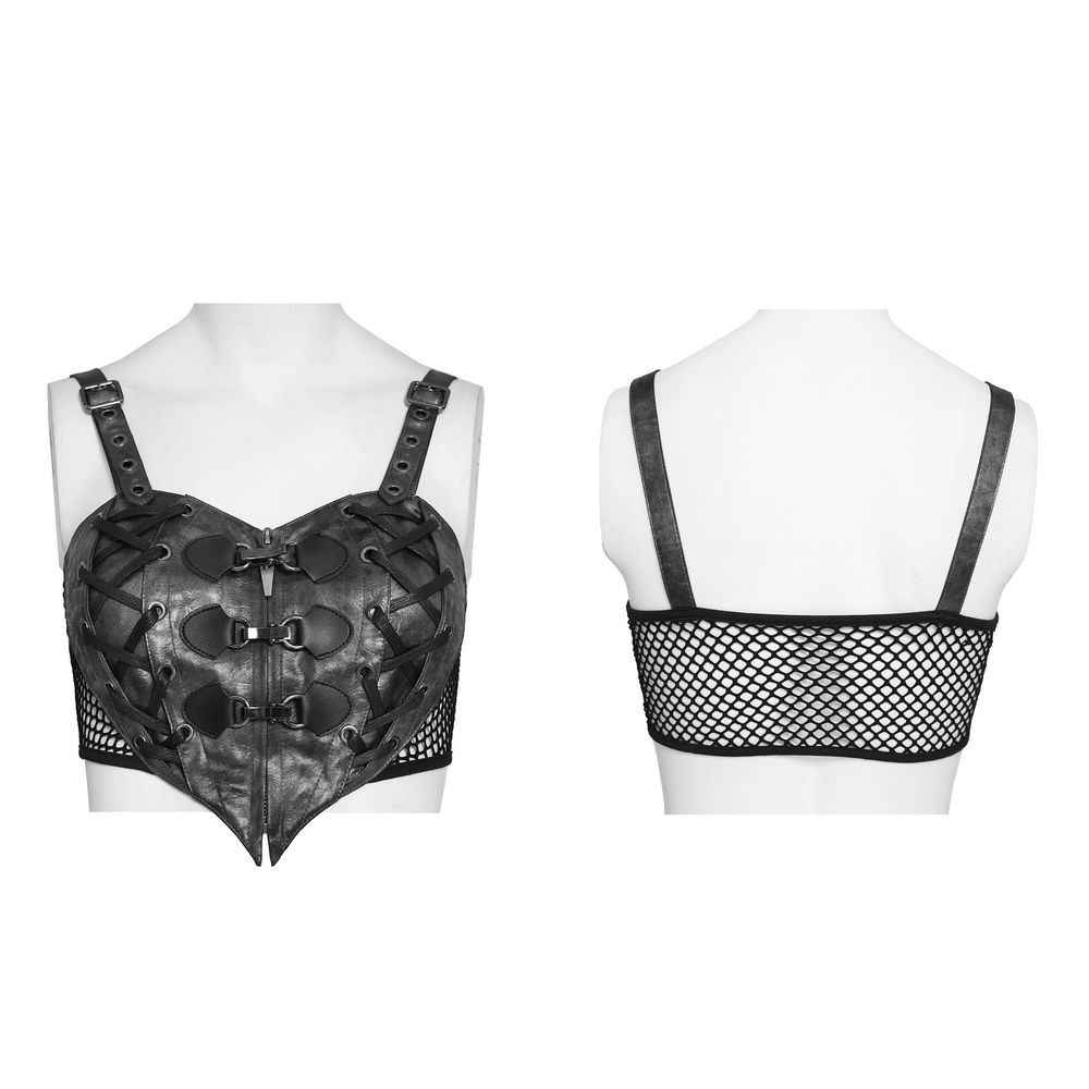 Gothic Faux Leather Lace Up Buckle Bralette Top with fishnet back panel and lace-up details.