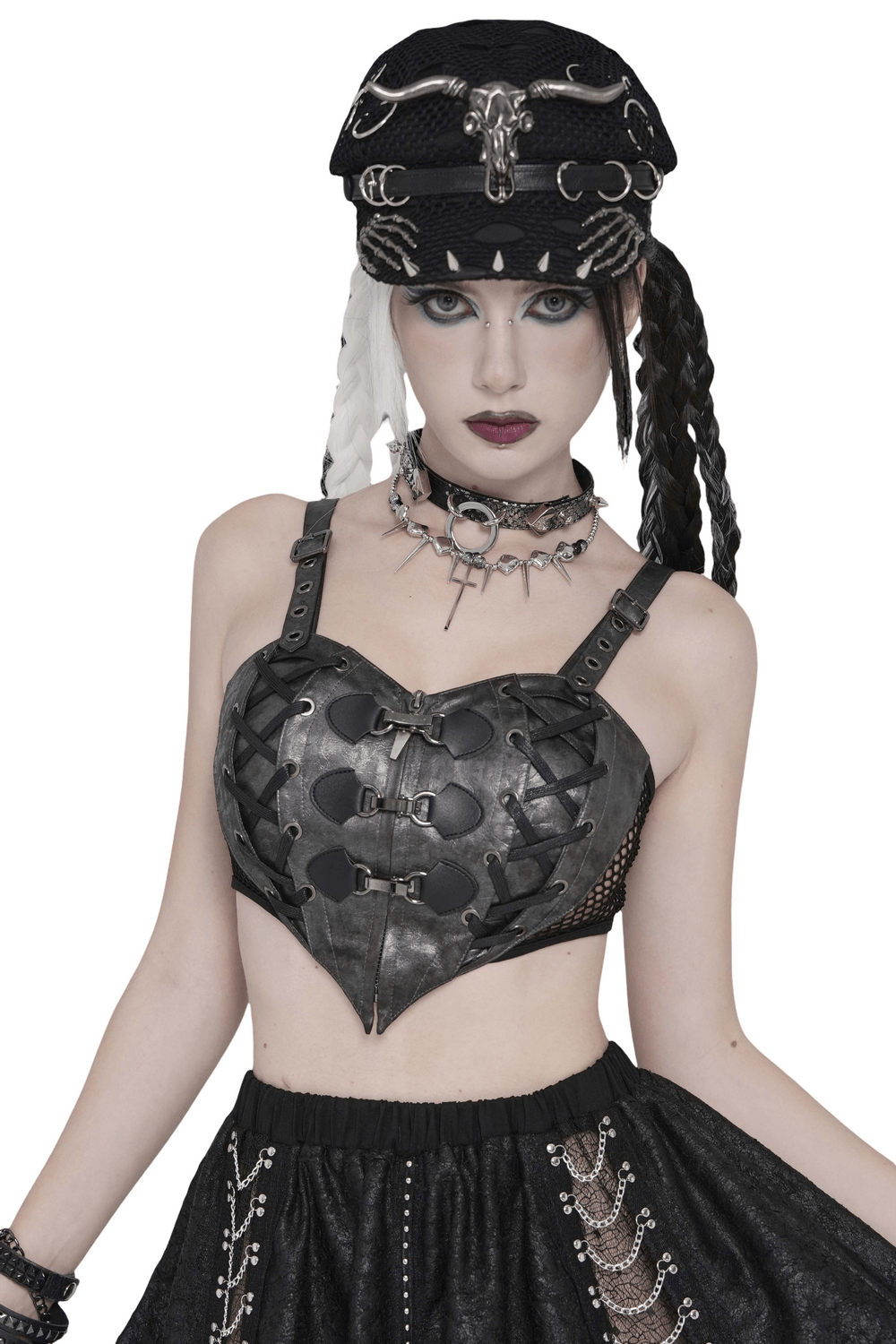 Gothic Faux Leather Lace Up Buckle Bralette Top worn by model with edgy accessories and hairstyle.