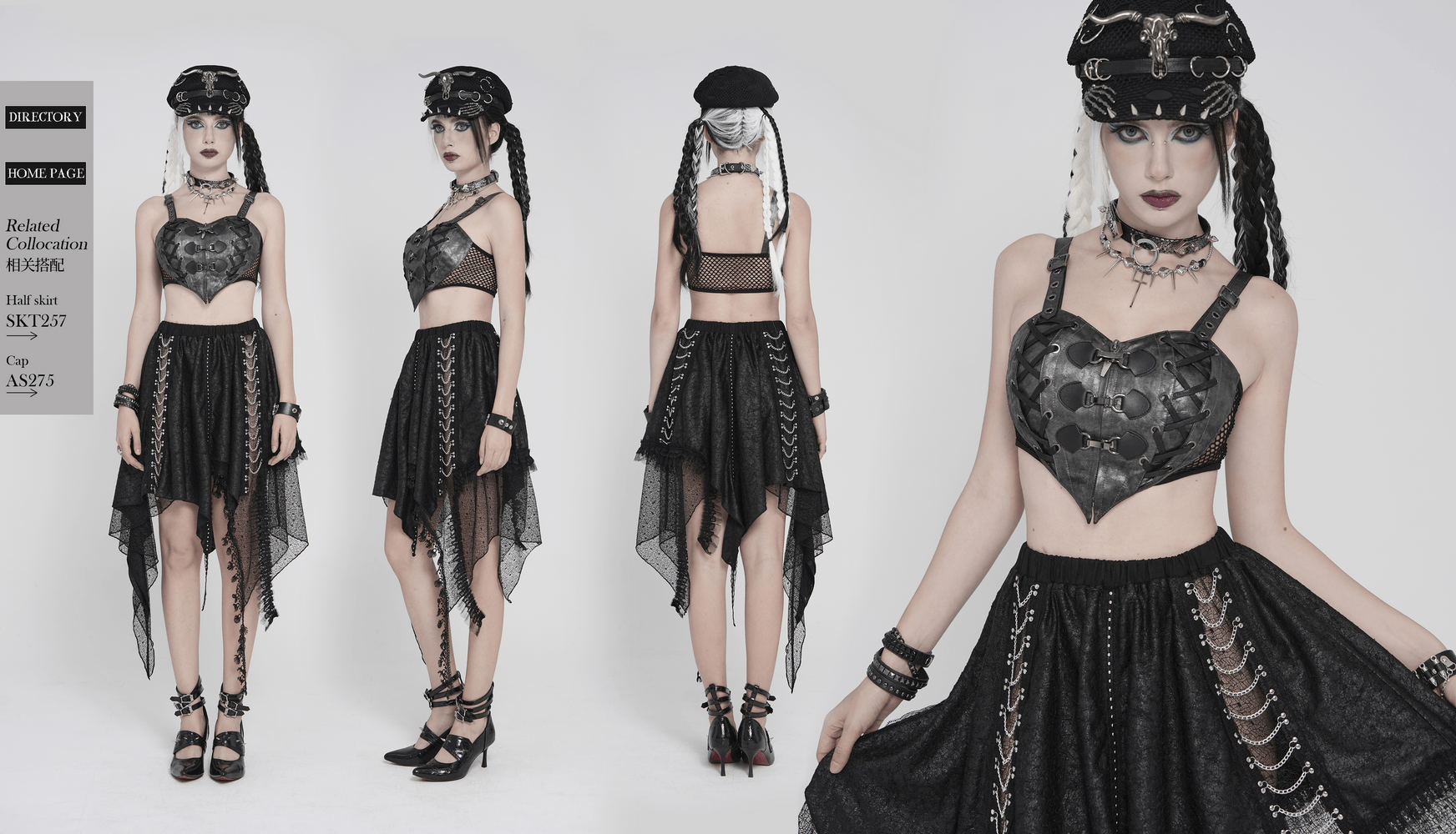 Gothic Faux Leather Lace Up Buckle Bralette Top worn with a flowing black skirt, showcasing punk style and edgy fashion.