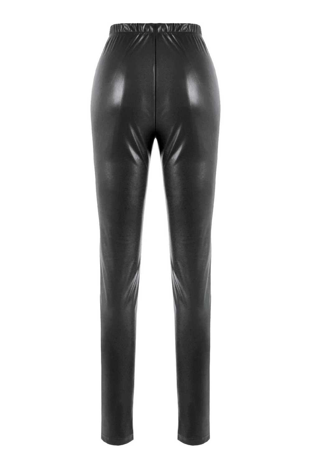 Gothic Faux Leather Pants with Mesh and Lace-Up Design showcasing a sleek black finish with an elastic waistband.
