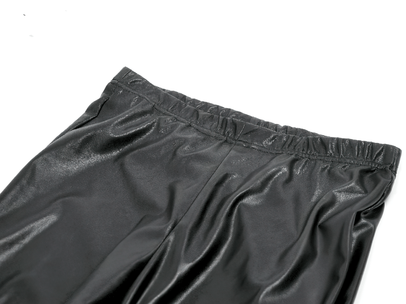 Gothic Faux Leather Pants with Mesh and Lace-Up Design showcasing a sleek elastic waistband and shiny black faux leather texture.