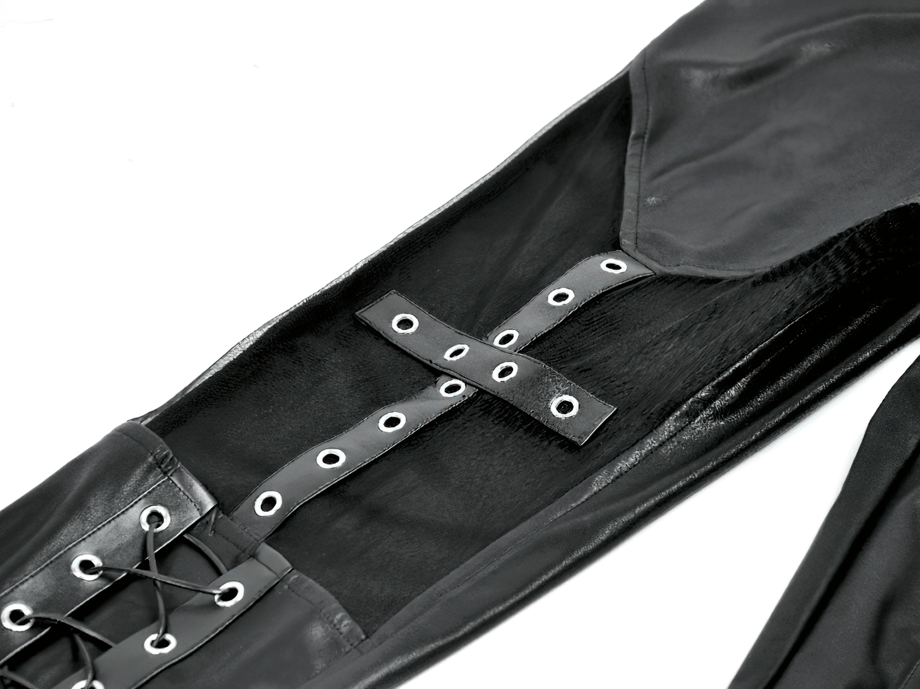 Gothic Faux Leather Pants with Mesh and Lace-Up Design featuring eyelet lacing and cross embellishment.