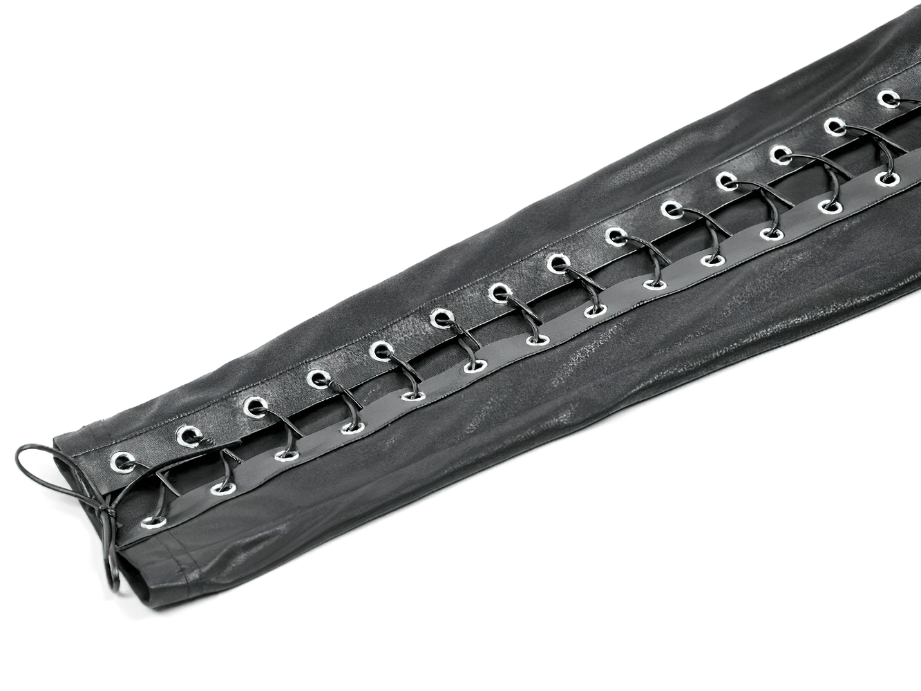 Gothic Faux Leather Pants with Mesh and Lace-Up Design showcasing eyelet lacing and sleek faux leather texture.