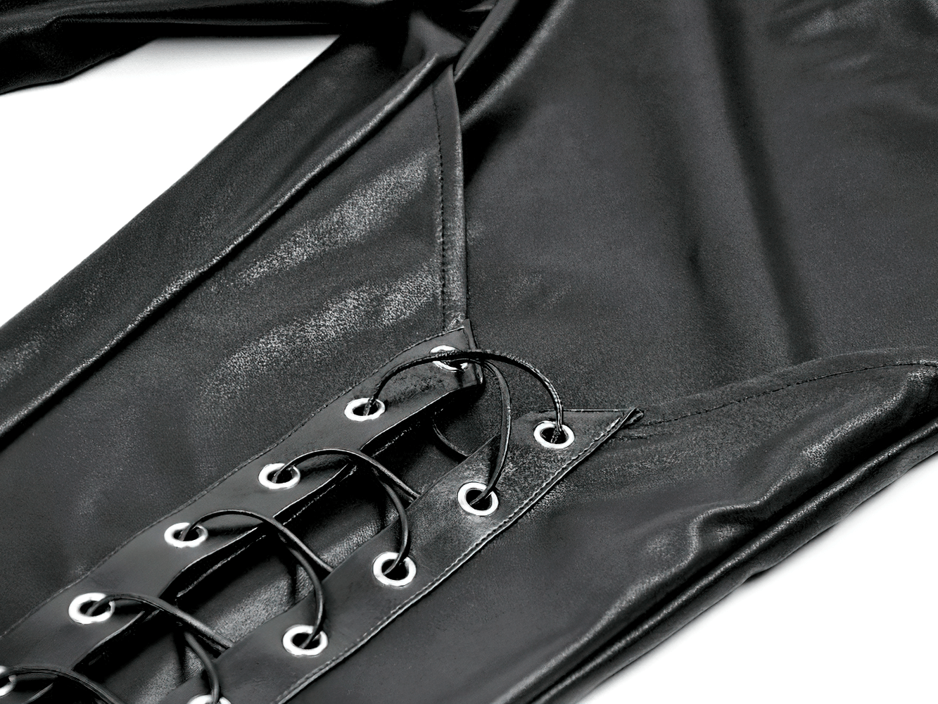 Gothic Faux Leather Pants with Mesh and Lace-Up Design showcasing eyelet lacing and sleek black faux leather.