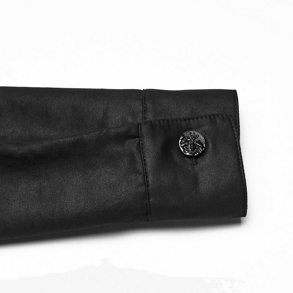 Gothic Faux Leather Shirt with Bat Collar and Straps detailed sleeve featuring textured buttons.