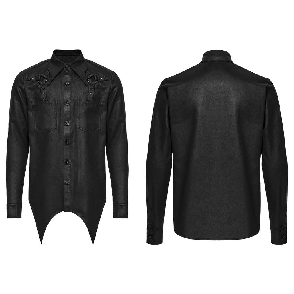 Gothic Faux Leather Shirt with Bat Collar and Straps showcasing a pointed hem and textured buttons, perfect for cyberpunk fashion.