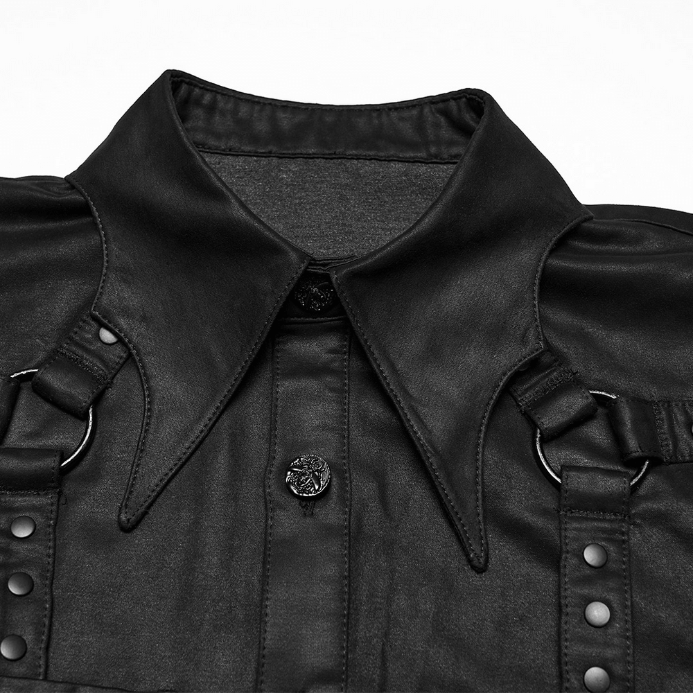 Gothic Faux Leather Shirt with Bat Collar and Straps showcasing the unique collar and fashionable straps.