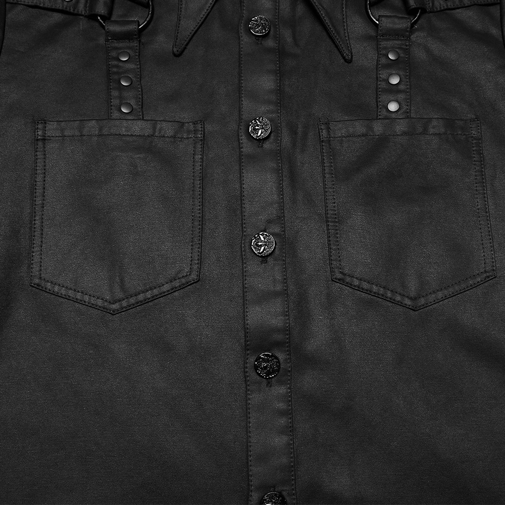 Gothic Faux Leather Shirt with Bat Collar and Straps features textured buttons and stylish shoulder straps.