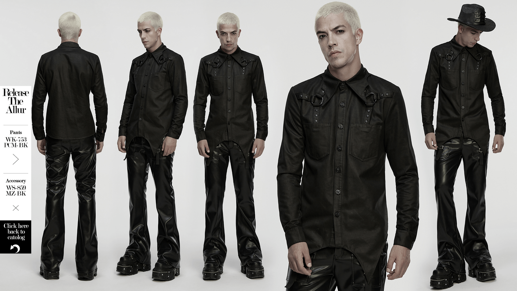 Gothic Faux Leather Shirt with Bat Collar and Straps worn by a model showcasing a stylish and edgy look.