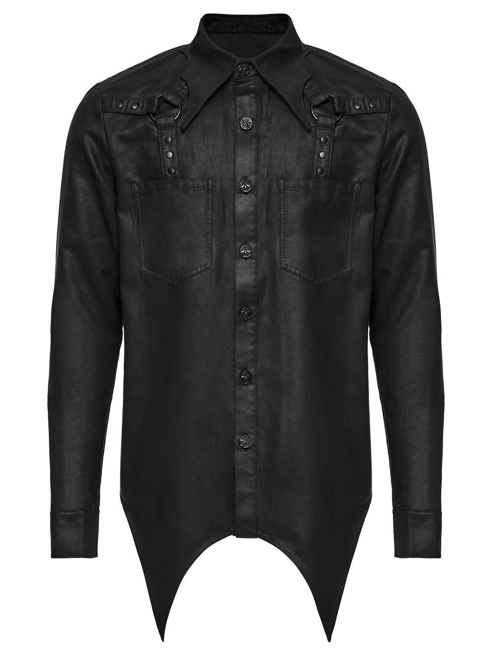 Gothic Faux Leather Shirt with Bat Collar and Straps featuring pointed hem and stylish details.