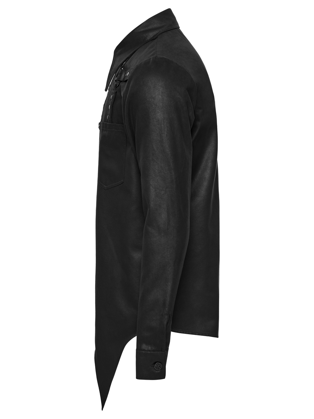 Gothic Faux Leather Shirt with Bat Collar and Straps, side view showcasing matte suede fabric and pointed hem design.