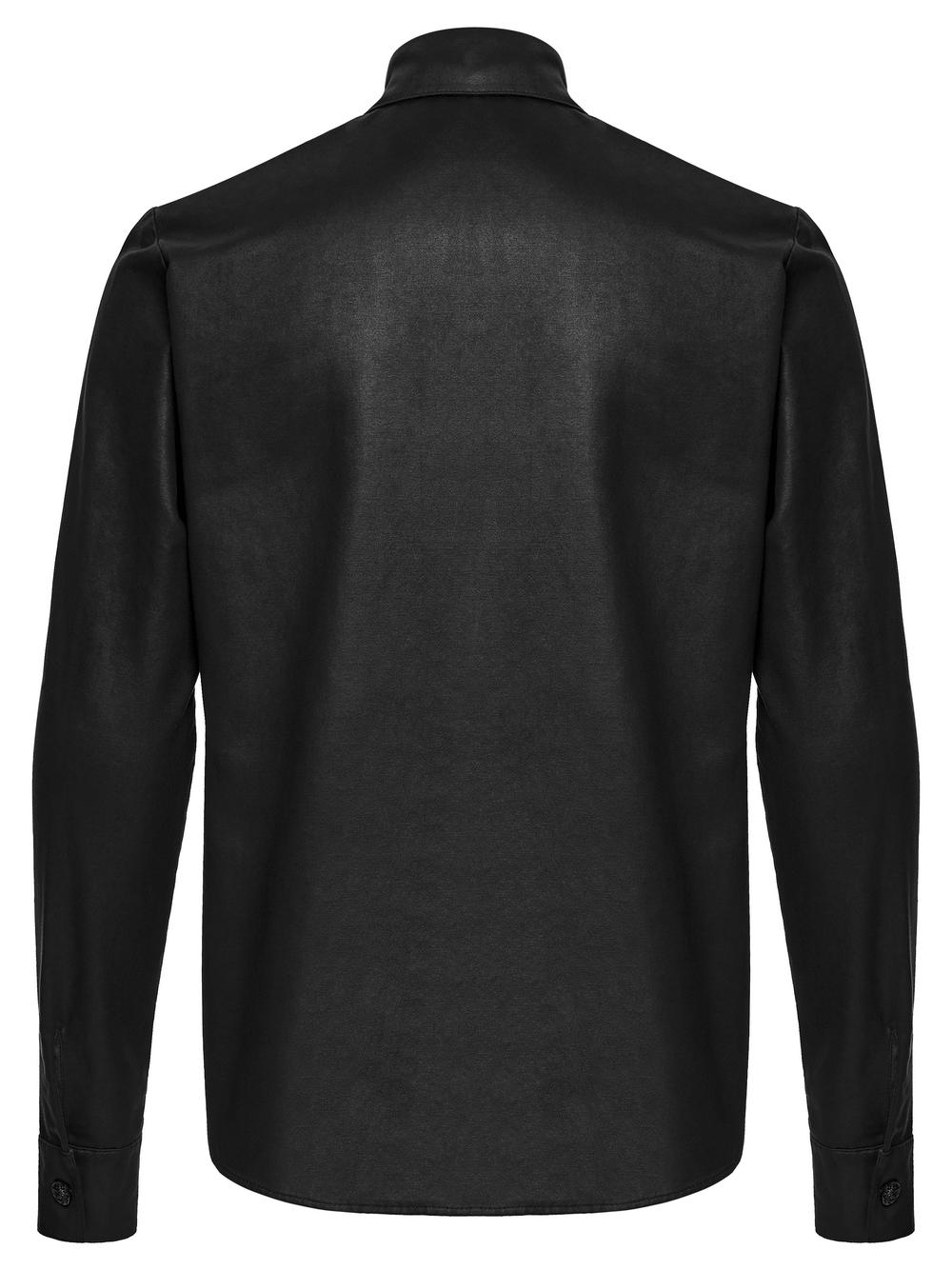 Gothic Faux Leather Shirt with Bat Collar and Straps - back view showcasing the sleek matte texture and collar design.