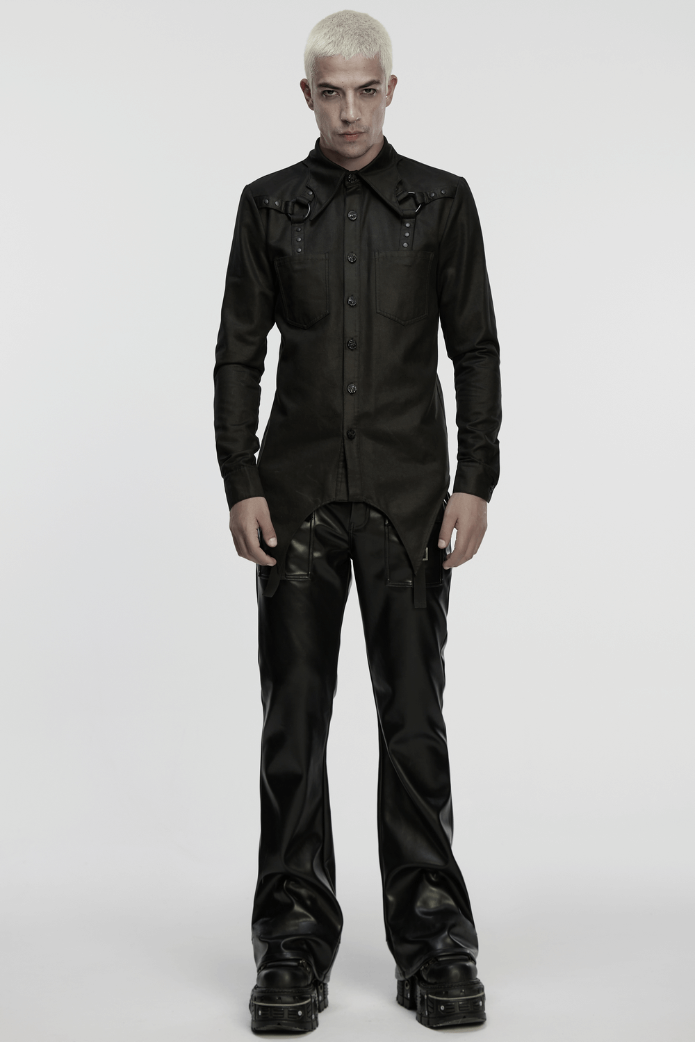 Gothic Faux Leather Shirt with Bat Collar and Straps, featuring a pointed hem and stylish details.